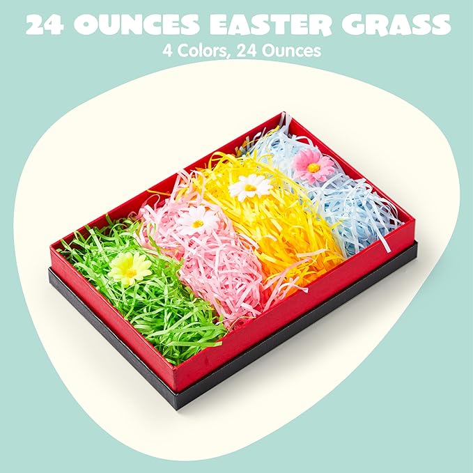 JOYIN 1.5 LB Multicolor Rainbow Easter Grass, Recyclable Gift Wrap Crinkle Filler Paper Shred(Pink, Yellow, Sky Blue, Green) for Easter Egg Hunt, Bags Basket Stuffers Filler, Party Decor Favor(24 oz)