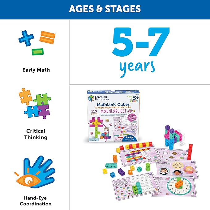 Learning Resources MathLink Cubes Kindergarten Math Activity Set Mathtastics! - Classroom Must Haves, Preschool Activities, Teacher School Supplies, Toddler Montessori Toys, Math Manipulatives