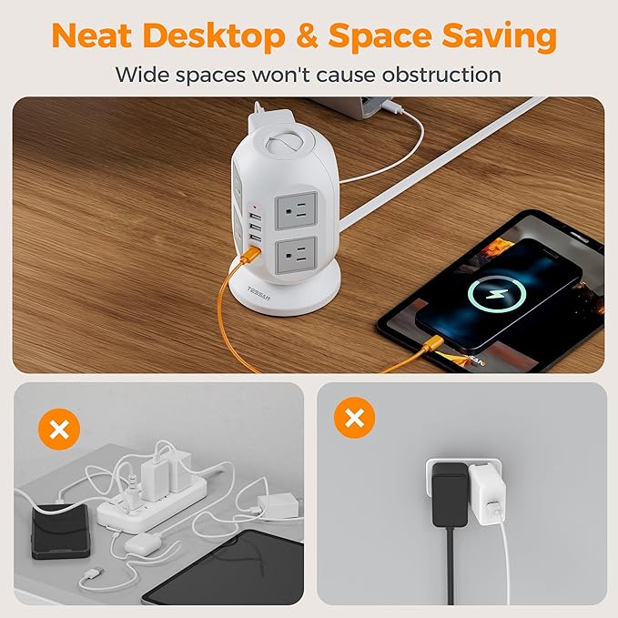 TESSAN Tower Surge Protector Power Strip 10 ft, Long Flat Extension Cord with Multiple Outlets, 8 AC Outlets with 4 USB Ports (1 USB C), Charging Station with Surge Protection, for Home Office Dorm