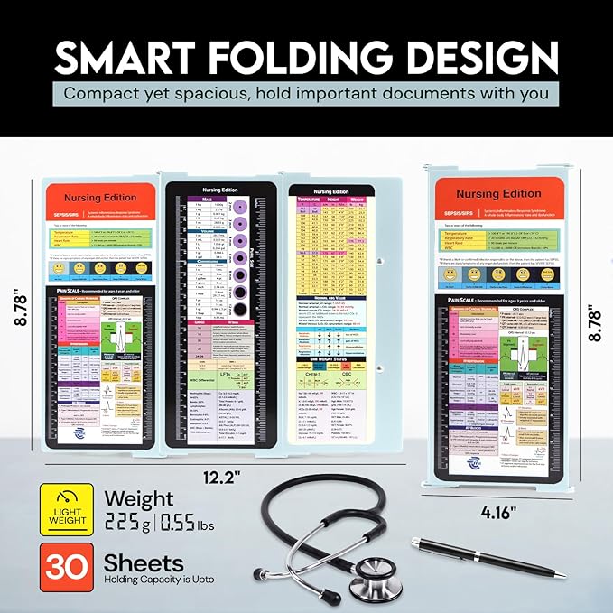 Nursing Clipboard Foldable with Medical Edition Cheat Sheets, 3 Layers Aluminum Foldable Clipboard for Nursing, Notepad for Students, Nursing School Essentials (Mint)