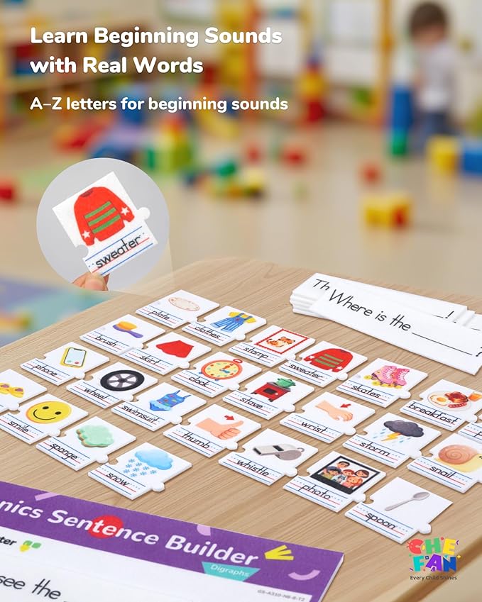 CHEFAN Sentence Building Phonics Flash Cards Kit, Sight Words & Picture Cards with Writing Board, Learn to Read Digraphs for Toddlers & PreK Kindergarten 1st Grade, Speech Therapy Educational Toys