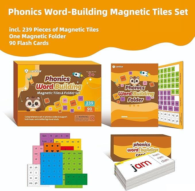 Phonics Word Building Magnetic Tiles Set, Phonics Manipulatives, Magnetic Letter Tiles, Educational Learning Kit with 239 Foam Tiles, 90 Cards, Magnetic Folder