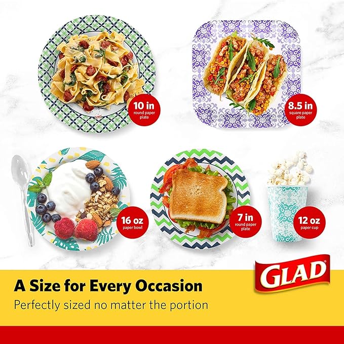 Glad Round Disposable Paper Bowls, Green Victorian Design - Heavy Duty, Soak Proof, Cut-Resistant, Microwavable Bowl for All Foods & Daily Use, 16 Oz, 15 Count - 6 Pack