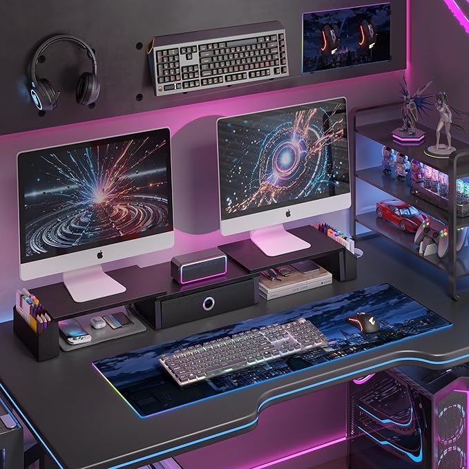 Dual Monitor Stand Riser w/ Drawer & Metal Leg, Large Computer Monitor Riser w/ Storage For 2 Monitors, Desk Shelf For Monitor w/ Adjustable Length & Angle, Desktop Organizer For Laptop/TV/Printer