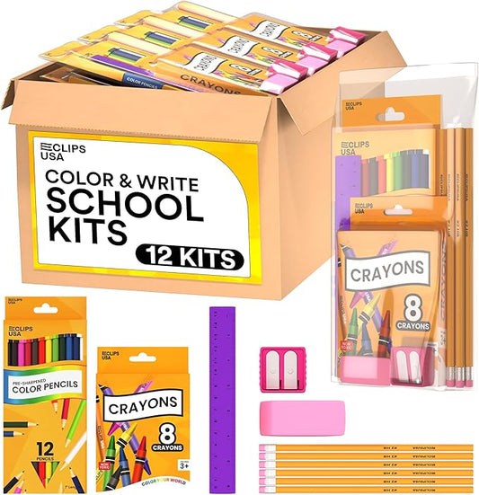 E-CLIPS USA Back to School Supplies Kit for Kids School Supplies Set school Supply Kit Colored Pencils For Kids Color Pencil Set Crayons Bulk for Classroom Wooden Pencil #2 (12)