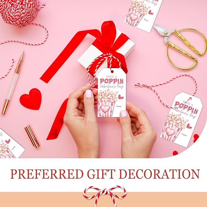Have A Poppin Valentines Day Sticker Label, 50 Pcs Valentine Gift Tags with String, Gift Tag Paper Tags Labels Idea Valentines Activity School Classroom Party Favors-Pink