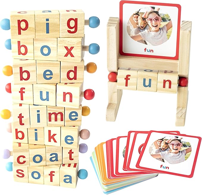Montessori Reading Blocks & Flash Cards Set – Learn to Read CVC Word Games for Toddlers 2-4 – Short Vowel Spinning Rods, Phonics Toys, Reading Montessori Toys for 4 Year Old for Preschool & Homeschool