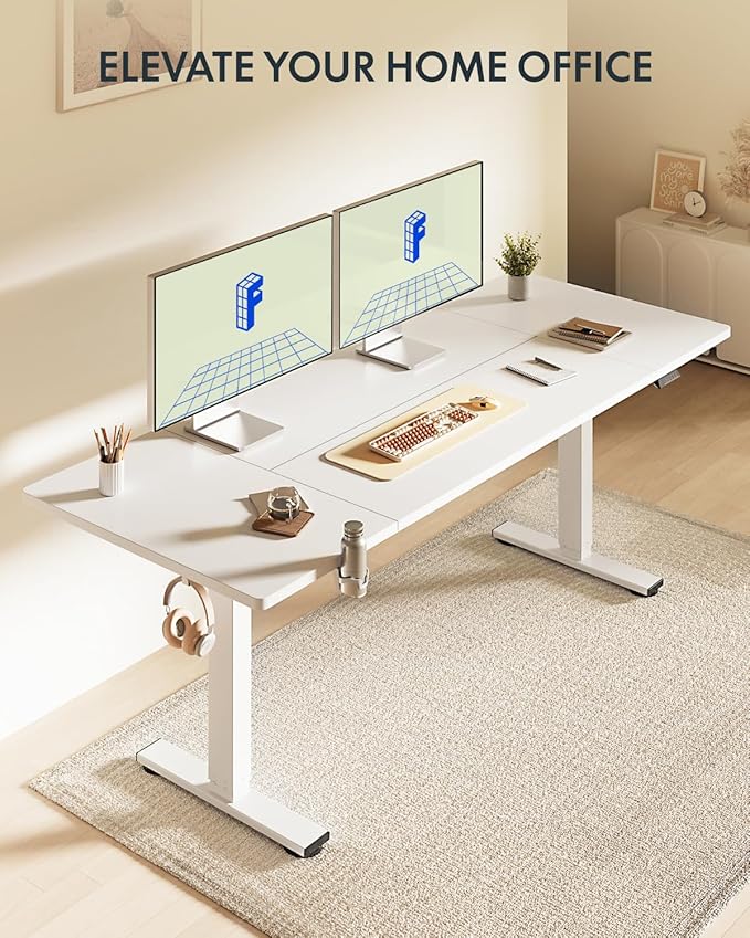 FLEXISPOT 71x32 Inch Electric Large Standing Desk for Home & Office, Spacious Splice Board Desk with Cable Management & Organizer, Cup Holder & Hook, White