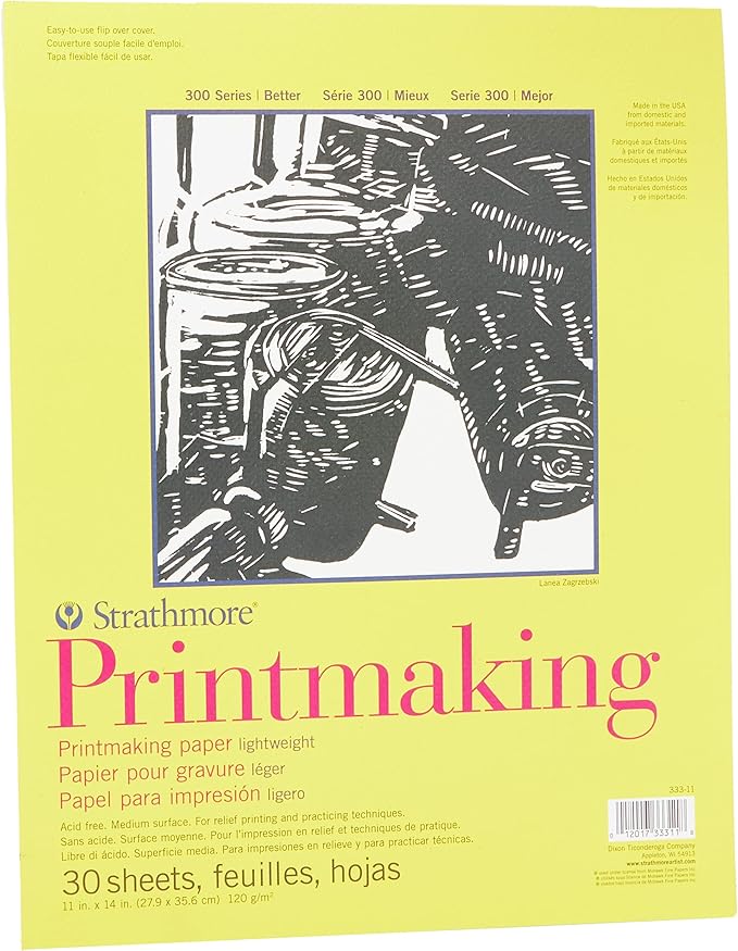 Strathmore 300 Series Printmaking Paper Pad, Glue Bound, 11x14 inches, 30 Sheets (120g) - Artist Paper for Adults and Students - Block Printing, Linocut, Screen Printing, White
