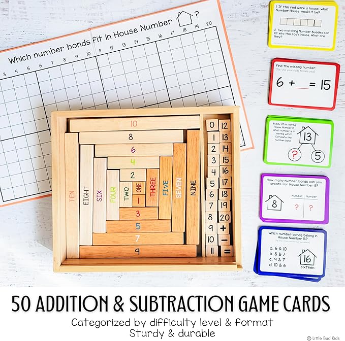 LITTLE BUD KIDS House of Number Buddies Math Game, a Number Bonds Math Toy with Counting Rods and Addition & Subtraction Flash Cards, a Montessori Material for Kids 4-8 Years Old