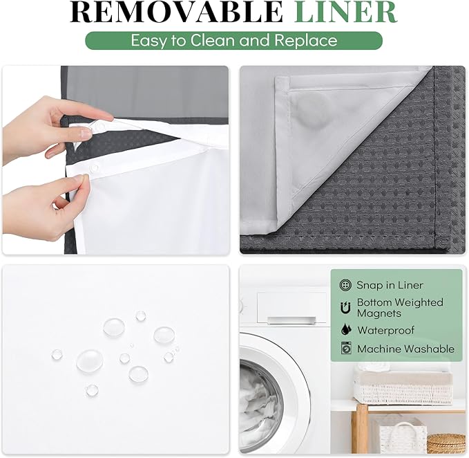 Dynamene 78 Inch Long Shower Curtain, Tall Waffle Fabric Shower Curtains for Bathroom, Hotel Waterproof Cloth Shower Curtain Liner Set with Hooks, Snap in Liner, Mesh Top Window, Charcoal Grey, 72x78