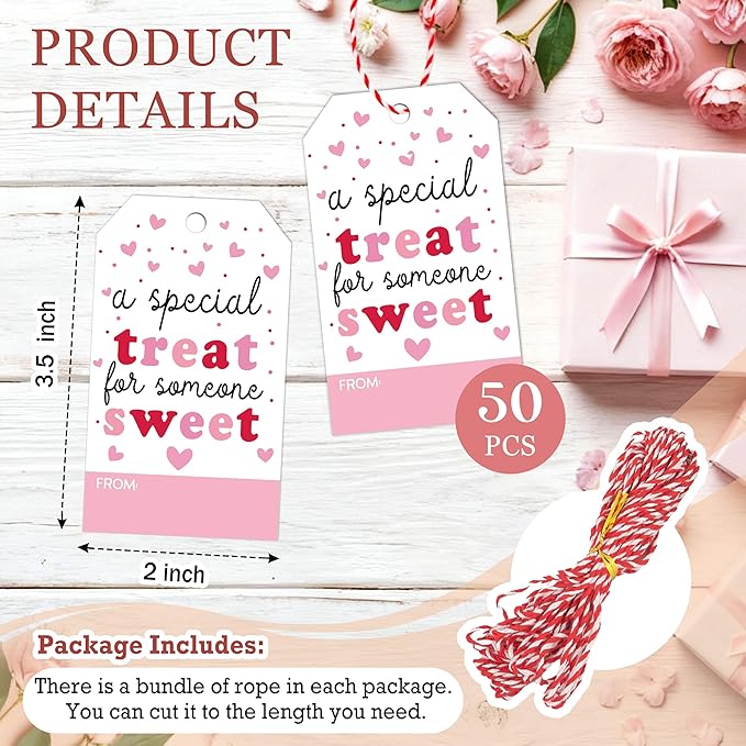 Valentines Day Gift Tags - 50Pcs Happy Valentine's Day Tags with String, A Special Treat for Someone Sweet Tag for Gift Wrapping, Valentine's Day Decoration