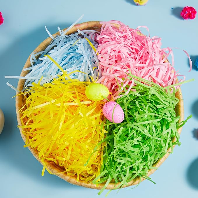 JOYIN 1.5 LB Multicolor Rainbow Easter Grass, Recyclable Gift Wrap Crinkle Filler Paper Shred(Pink, Yellow, Sky Blue, Green) for Easter Egg Hunt, Bags Basket Stuffers Filler, Party Decor Favor(24 oz)