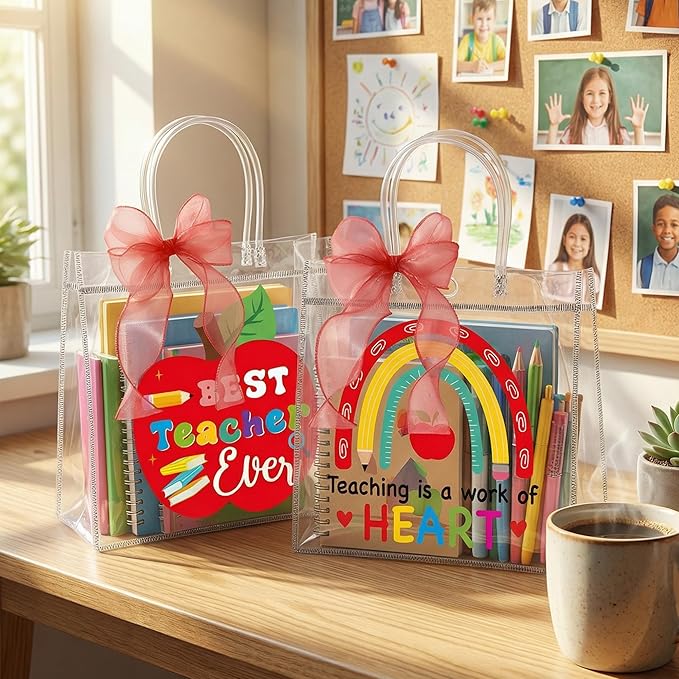 H1vojoxo Teacher Appreciation Gift Bags - 24PCS Teacher Gift Bags Bulk with Red DIY Ribbon 7.87x3.2x7.87Inch Teachers Clear PVC Gifts Bag with Handle Reusable PVC Thank You Gifts Wrap Bag for Teachers