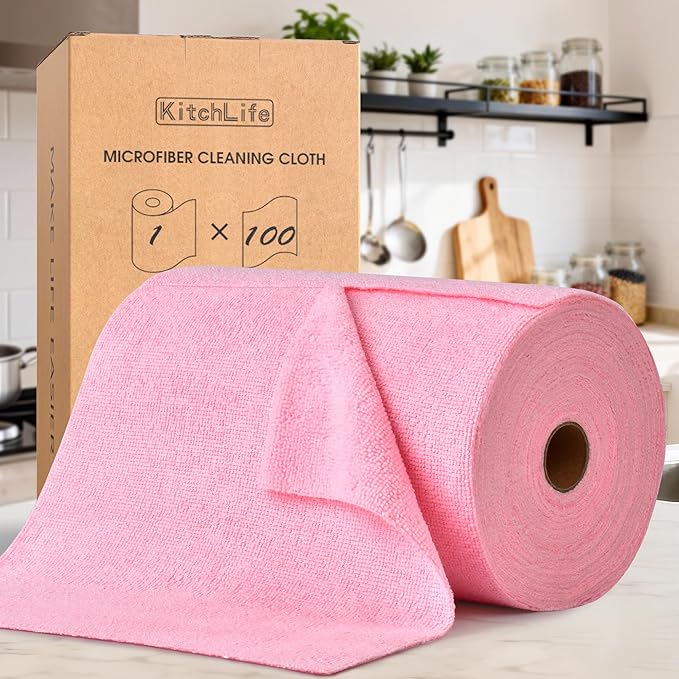 KitchLife Microfiber Cleaning Cloth Roll, 100 Pack - Tear-Away Microfiber Paper Towels, Lint-Free, Reusable, Washable for Kitchen, Car, Dishes, and Sensitive Surfaces (Pink)