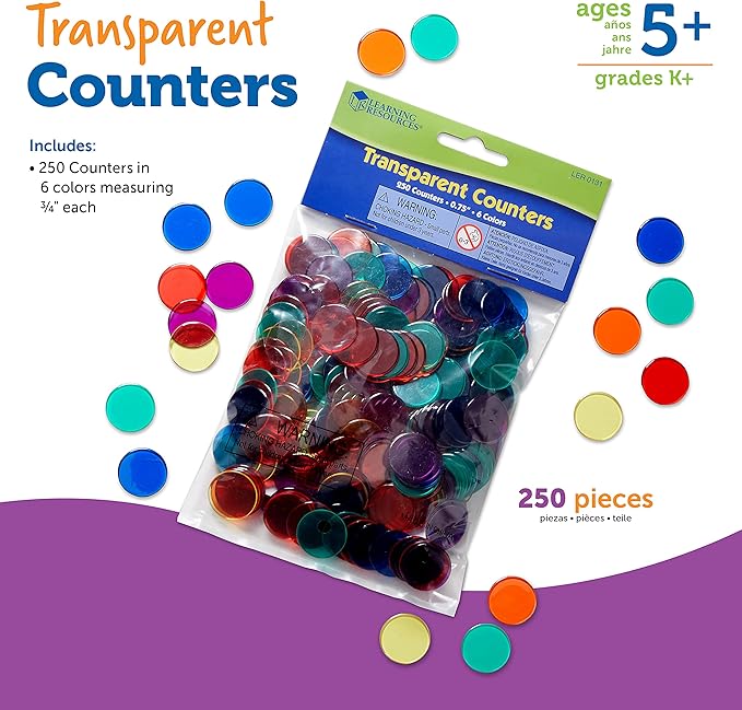 Learning Resources Transparent Color Counting Chips - 250 Pieces, Ages 5+ Math Counters for Kids, Counting Chips, Perfect for Bingo Games