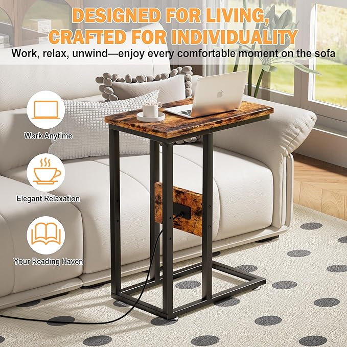 VECELO C Shaped End Table with Charging Station & Power Outlets, Quick Access Side Table for Sofa, C Bedside for Living Room Bedroom 1 Set,Brown