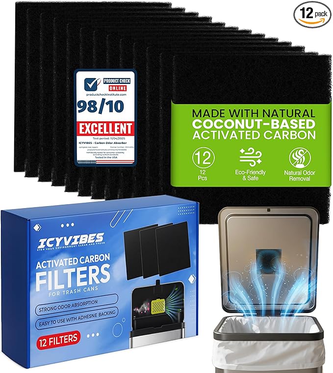 Premium 12 Pack Activated Carbon 3 in 1 Garbage Can Odor Absorber Filters Coconut Charcoal Puck Deodorizer Step Replacements for Kitchen Trash On The Go Bag Air Freshener Pods Compatible Magic Small