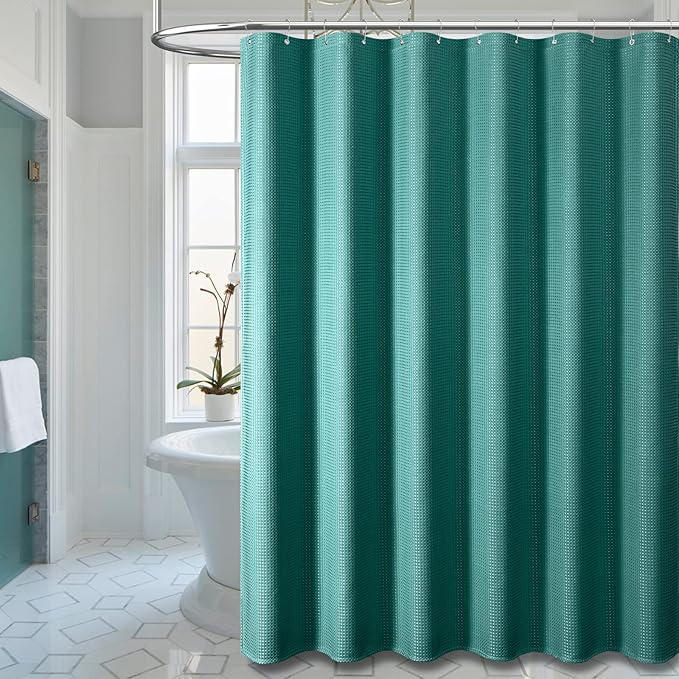 Dynamene Green Fabric Shower Curtain - Waffle Weave Textured Heavy Duty Cloth Shower Curtains for Bathroom, 256GSM Hotel Luxury Weighted Bath Curtain Set with 12 Plastic Hooks,72x72, Seaweed Green