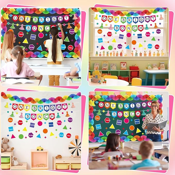 3D Colorful Bulletin Board Set 3D Paper Fans Border Classroom Decorations Motivational One Bright Bunch Bulletin Board Writable Shapes Paper Cutouts for Back to School Classroom Chalkboard Wall Decor