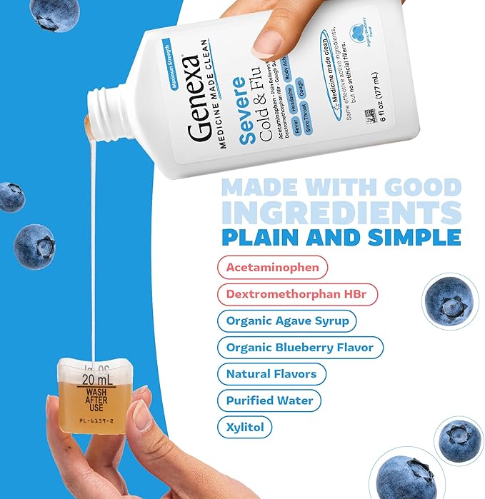 Genexa Clean Cold & Flu Relief, Dye Free, 0% Artificial Additives, Severe Daytime Medicine for Body Pain, Cough, Cold and Flu, Headache, Fever, Chest Congestion, Organic Blueberry Flavor, 6 fl oz