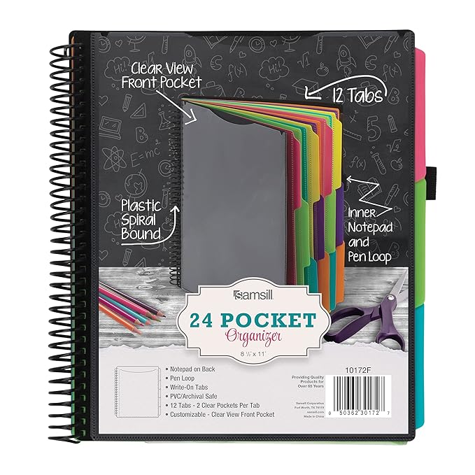 Samsill Spiral Folder Organizer - 12 Dividers & 24 Pockets with Notepad Holder, Multi Pocket Color Cordinated Folder Binder with Customizable Tabs, Document Organizer (Fashion)