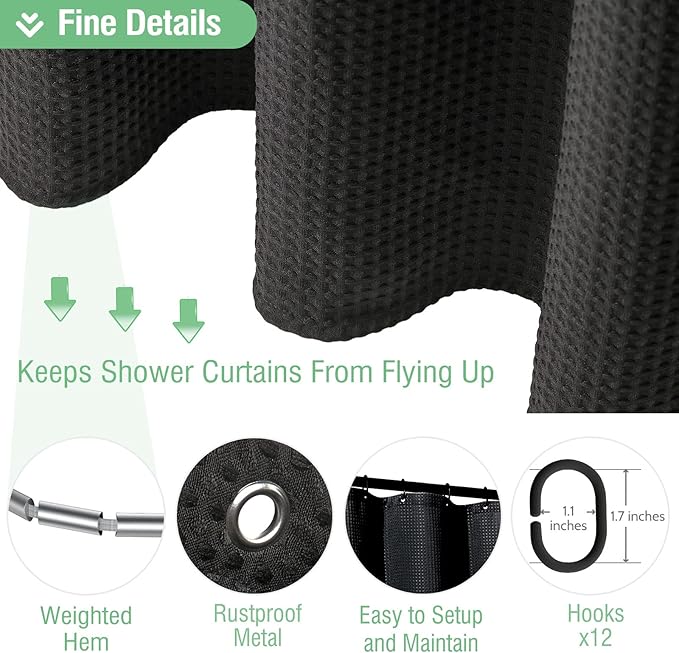 Dynamene Black Fabric Shower Curtain - Waffle Textured Heavy Duty Cloth Curtains for Bathroom, 256GSM Hotel Spa Luxury Weighted Polyester Bath Curtain Set with 12 Plastic Hooks(72Wx72H, Black)
