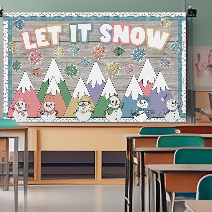 Winter Bulletin Board Decoration Let It Snow Bulletin Board Set Pastel Mountains Snowman Snowflake Cutouts Classroom Decoration for School Chalkboard Wall Door Holiday Christmas Xmas Supplies