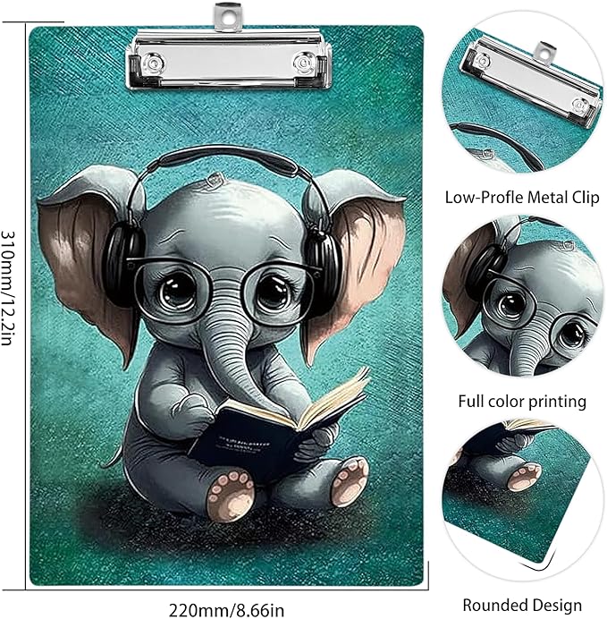Plastic A4 Clipboards, Cute Fashion Clipboard Decorative, 12.2" x 8.7" Standard A4 Size Clipboards, Plastic Acrylic Clipboard for Teacher, Social Worker, Students,Women, Office Supplies(Elephant)