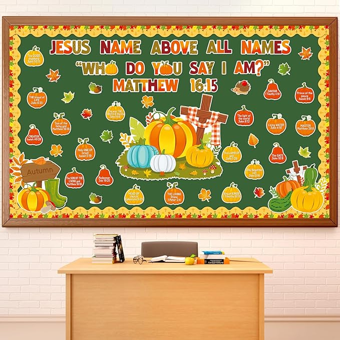 Thanksgiving Fall Christian Bulletin Board Decoration Set Religious Pumpkin Cutouts Autumn Bible Bulletin Board for Kid Preschool Classroom Chalkboard Party Decor Sunday School Church Wall(Jesus Name)