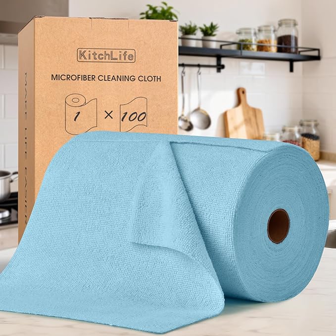 KitchLife Microfiber Cleaning Cloth Roll, 100 Pack - Tear-Away Microfiber Paper Towels, Lint-Free, Reusable, Washable for Kitchen, Car, Dishes, and Sensitive Surfaces (Blue)
