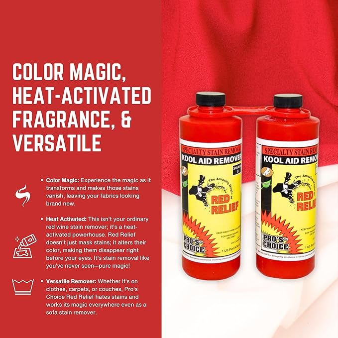Pro's Choice Red Relief Stain Remover for Clothes Laundry - Stain Removal for Kool Aid & Synthetic Food Colors - Fabric, Carpet & Couch Dye Remover - Red Wine Spot Eraser (2 Pint Set)