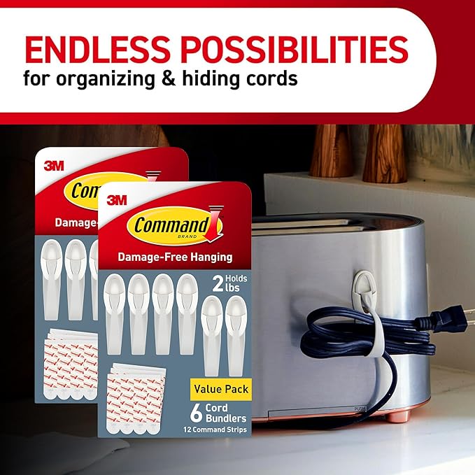 Command Cord Bundlers, Damage-Free Hanging Cord Organizer, No Tools Required for Hanging Electrical Cables, 12 Gray Bundlers and 24 Command Strips