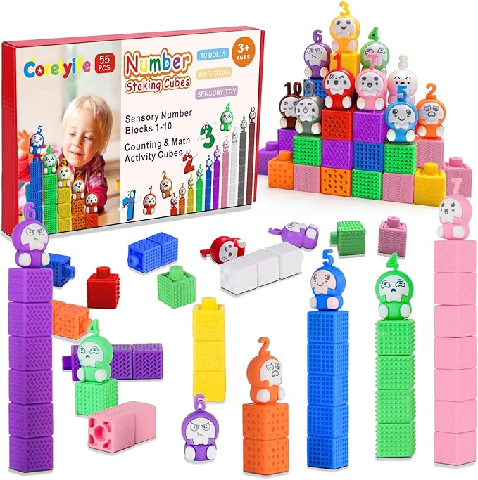 65PCS Sensory Stacking Cubes for Toddlers | Textured Soft Counting Cubes for Color & Number Learning | Squeezable Montessori Educational Building Toys, Preschool Learning Activities for Kids Ages 2-5