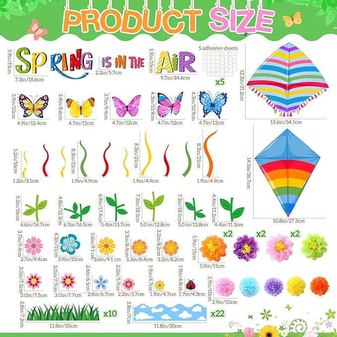Blosssound 86 Pcs Spring is in The Air Bulletin Board Set Spring Flower Kite Cutouts with 3D Tissue Paper Pompoms Colorful Floral Butterfly Classroom Decorations for School Home Decor Supplies