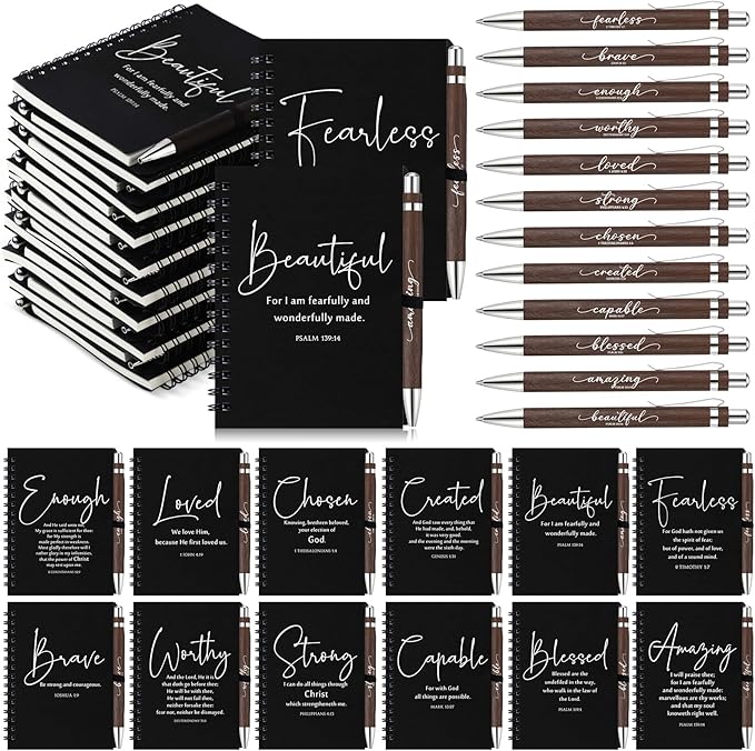 Kosiz 12 Sets Christian Gifts Bulk Inspirational Bible Verse Spiral Notebook and Religious Bamboo Ballpoint Pen Journal with Scripture for Easter Church Member First Communion Teacher Holy Week (Black)