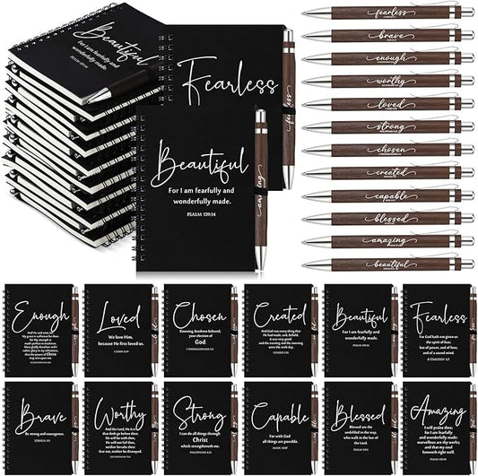 Kosiz 12 Sets Christian Gifts Bulk Inspirational Bible Verse Spiral Notebook and Religious Bamboo Ballpoint Pen Journal with Scripture for Easter Church Member First Communion Teacher Holy Week (Black)