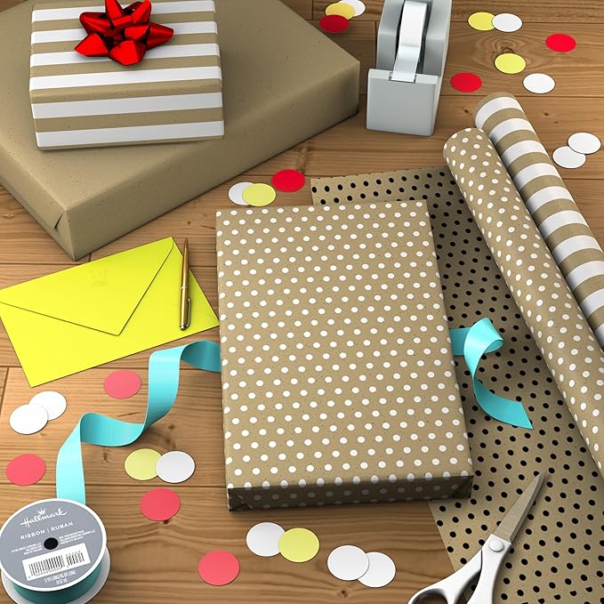 Hallmark Bulk Kraft Reversible Wrapping Paper Rolls (2 Rolls: 160 Sq. Ft. Total) Black Polka Dots, White Stripes for Birthdays, Weddings, Graduations, Baby Showers, Holidays