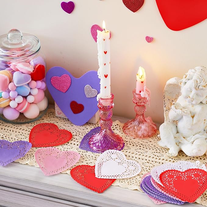 JOYIN 86 Pcs Valentines Day Heart Doilies Craft Gift Set with 50 Pcs Paper Doilies, 12 Foam Craft and 1 Bags of Glitter Foam Heart Stickers for Valentine's Day Party Tableware Decoration
