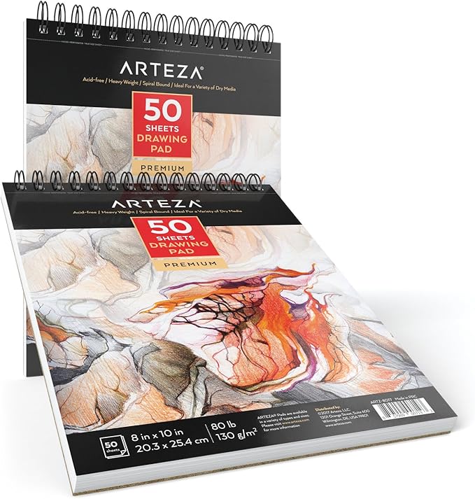 ARTEZA Drawing Paper Pad, 8 x 10 Inches, Pack of 2, 50 Sheets Each, Spiral Bound Artist Drawing Books, Durable Acid Free White Sketch Paper