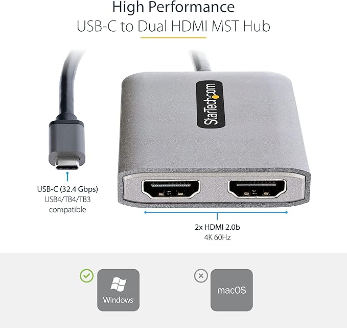 StarTech.com USB-C to Dual HDMI Adapter, USB Type-C Multi-Monitor MST Hub, Dual 4K 60Hz HDMI Laptop Display Extender / Splitter, HDR, Extra-Long Built-In Cable, Windows Only (MST14CD122HD)
