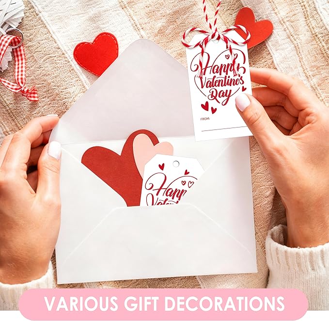 50Pcs Happy Valentines Tags for Bags - Valentine Gift Tags with String, Hanging Paper Gift Label for Wrapping Treat Bag, Idea Valentines Activity School Classroom Party Favors