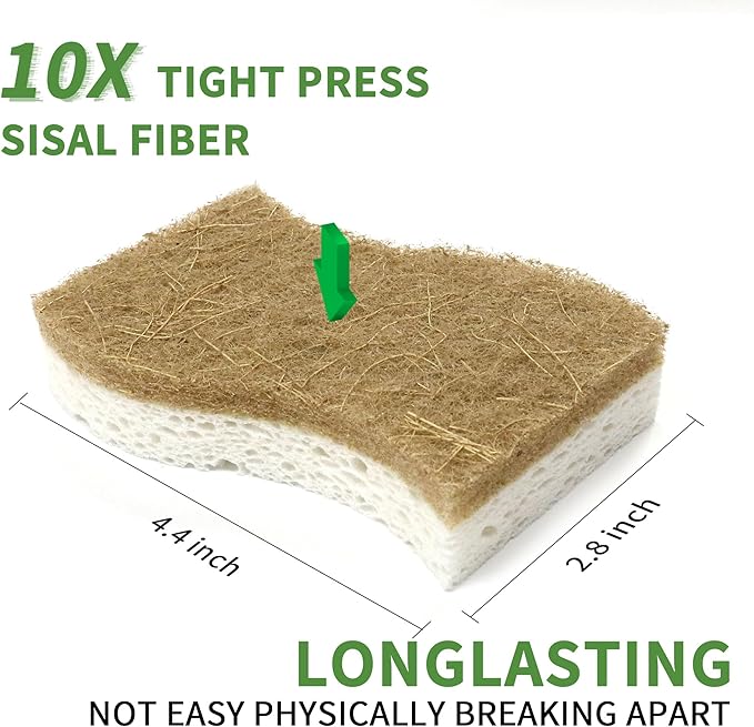 9 Pack Biodegradable Natural Kitchen Sponge - Compostable Cellulose and Coconut Walnut Scrubber Sponge - Eco Friendly Sustainable Sponges for Dishes