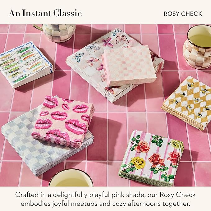 MACKENZIE-CHILDS Cocktail Paper Napkins, Stylish Paper Cocktail Napkins for Parties and More, Pink-and-White Rosy Check