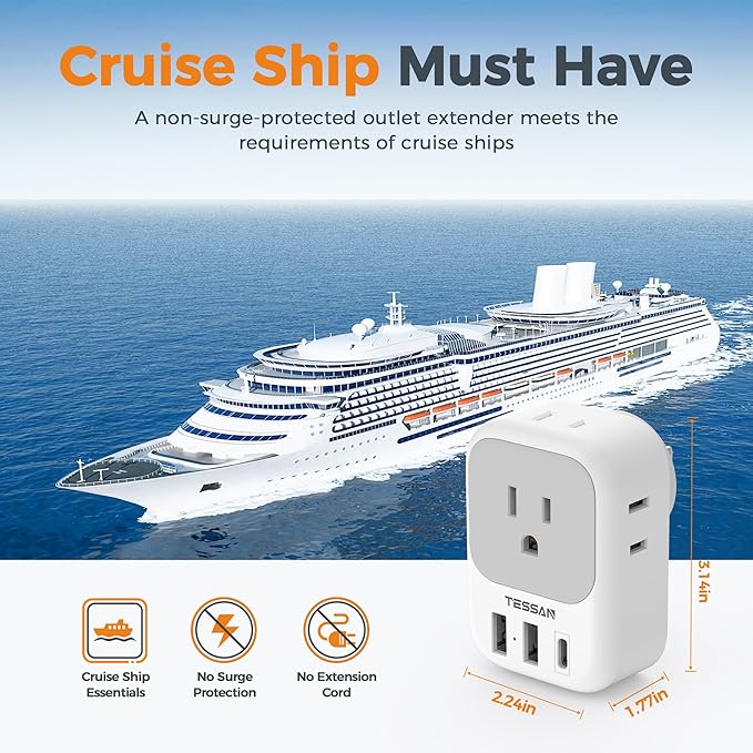 USB Wall Charger, Wall Plug Adapter Outlet Extender, TESSAN 3 Charger Block (1 USB C Port), Multi Charging Station for Cruise, Bathroom, Office, Dorm Essentials
