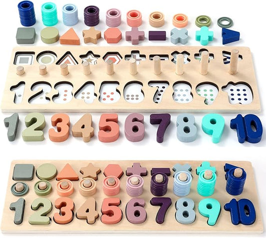 BEKILOLE Wooden Montessori Toys for Kids Toddler Number Puzzles Sorter Counting Shape Stacker Stacking Game Preschool Toys for Boy Girl Learning Education Math Blocks Year Old Girl Gifts (Macron)