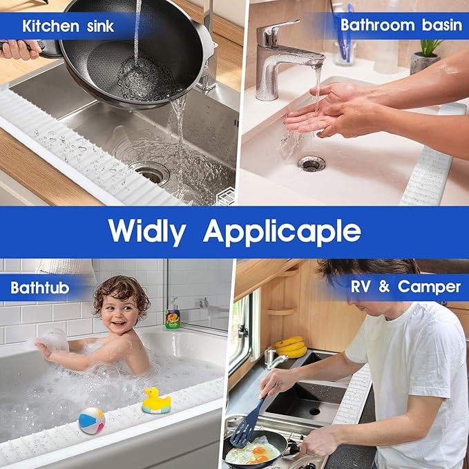 30"x4" Silicone Sink Edge Protector - Splash Guard with Suction Cups & 5° Tilt, Cuttable Edge Guard for Kitchen Sink, Bathroom,Granite & Quartz Countertops(White)