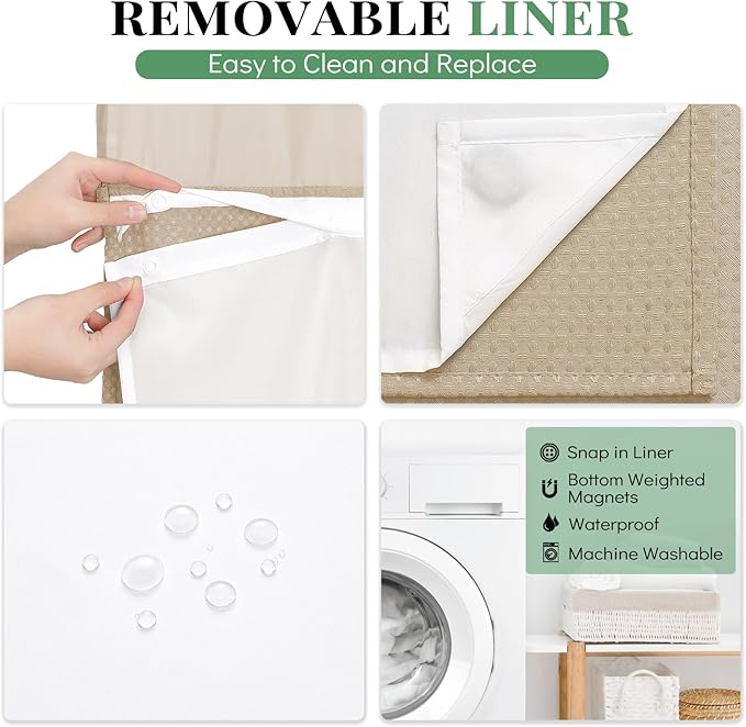 Dynamene Fabric Shower Curtain with Snap in Liner, Beige Waffle Hotel Shower Curtains for Bathroom, Washable Waterproof Cloth Shower Curtain Liner Set with Plastic Hook, Mesh Top Window, 72x72, Beige