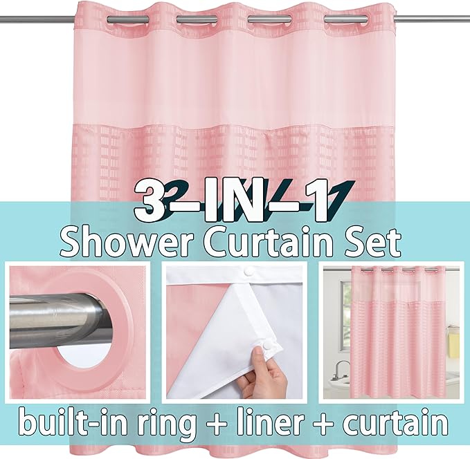 Extra Long No Hook Shower Curtain with Snap in Liner Set, Hotel Luxury Pink Shower Curtains for Bathroom with See Through Top Window, Waterproof, Washable 71W x 84H