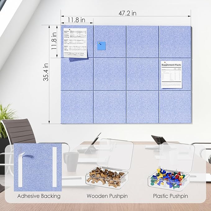 MaxGear Large Cork Board for Wall 48" x 36" Light Blue Bulletin Board, 12 Pack Felt Wall Tiles with Pushpins, Cork Boards for Office Pin Board Tack Board for Photo Meno Decor